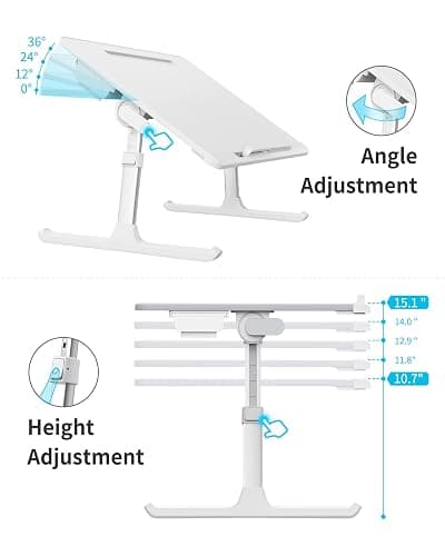 Laptop Bed Tray Table, SAIJI Adjustable Bed Desk for Laptop, Foldable Laptop Stand with Storage Drawer for Eating, Working, Writing, Gaming, Drawing (White, X-Large) - White thumbnail 4