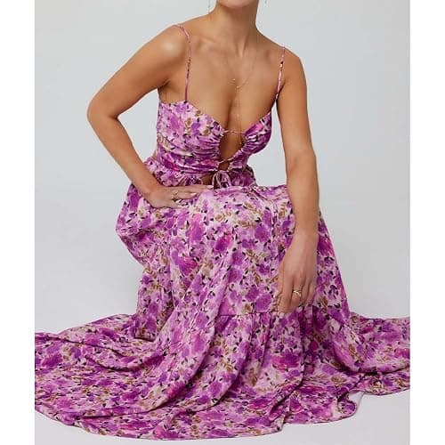 ABYOVRT Women Floral Maxi Dress Tie Front Cut Out Backless Boho Spaghetti Strap Summer Beach Sundress thumbnail 3