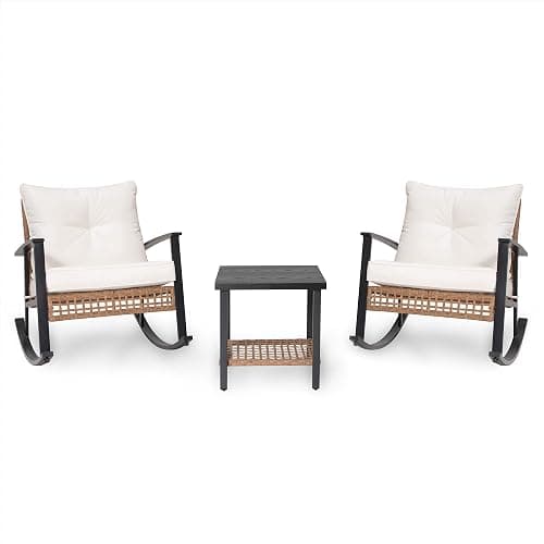 LAUSAINT HOME 3-Piece Rocking Bistro Set, Outdoor Patio Furniture with Thick Cushions and 2-Tier Coffee Table, Oversize Rattan Conversation Set for Garden, Balcony, Backyard (Beige) thumbnail 8