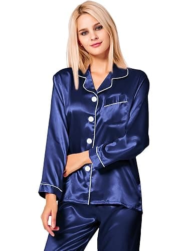 SWOMOG Womens Silk Satin Pajamas Set Long Sleeve Button Down Sleepwear 2 Piece Lounge Set Pj Set XS-3XL thumbnail 2