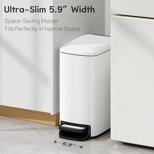 TIPGO Slim Bathroom Trash Can with Lid Soft Close, Step Pedal, 6 Liter / 1.6 Gallon Stainless Steel Trash Bin, Small Garbage Cans for Bedroom, Office, Kitchen (White) thumbnail 2