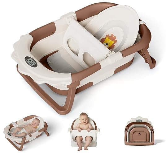 MoreFeel Foldable Baby Bathtub with Thermometer - 4-in-1 Grow-with-Me Collapsible Infant Tub (Newborn to Toddler) with Adjustable Mesh Sling - Space Saving Design - Image 1