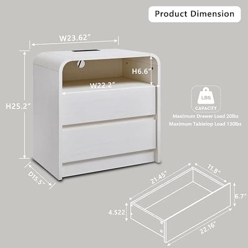 Aitjunz 25" Tall Modern Nightstand with Charging Station, 23.6'' Wide Wood Bedside Table w/2 Storage Drawers, Large Mid Century End Table for Bedroom, Living Room, Curved Profile Design, White thumbnail 2
