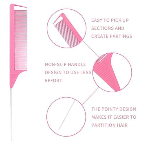 UREELIN Detangler Brush Set for 3a,4c,Wig/Thick/Wavy/Curly/Wet Slick Back Hair Brushes,Rat Tail Combs,8-Row,Edge Brush,For braiding,teasing,parting,styling,kids,girls,women(Pink) thumbnail 5
