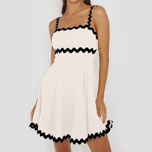 Senllen Womens Summer Flowy Mini Dress 2026 Casual Spaghetti Straps Sleeveless Smocked Backless Swing Wave Trim Sundress thumbnail 2