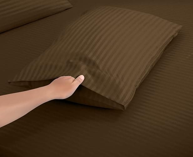 ROYALE LINENS 4 Piece Full Sheets Set - Soft Brushed Microfiber Bedding - 1 Fitted, 1 Flat Sheet, 2 Pillow Cases - Wrinkle Free & Fade Resistant - Hotel Luxury Bed Sheets (Stripe Chocolate, Full) thumbnail 4