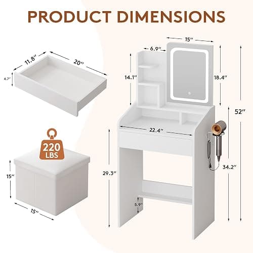 LIVELYGLOW 24" White Small Vanity Set with Lighted Mirror & Storage Stool | Smart LED Mirror, Charging Station, Hairdryer Rack, Space-Saving thumbnail 2