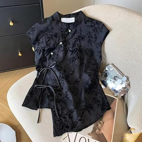 Women's Retro Chinese Style Cheongsam Top Summer Black Jacquard Short Sleeve Button Blouse T-Shirt thumbnail 2