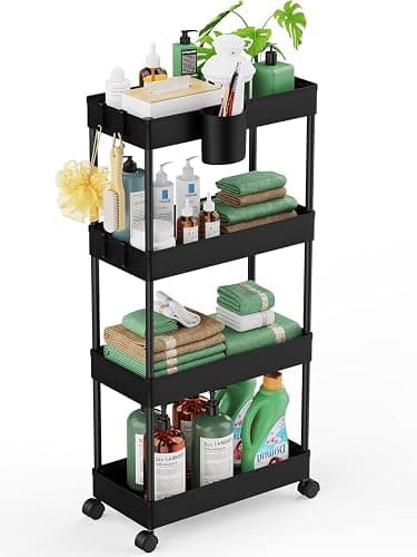 LEHOM Slim Rolling Storage Cart - 4 Tiers Bathroom Organizer Utility Cart Slide Out Storage Shelves Mobile Shelving Unit for Kitchen, Bedroom, Office, Laundry Room, Small Narrow Spaces（7.1" W+Black） - Image 1