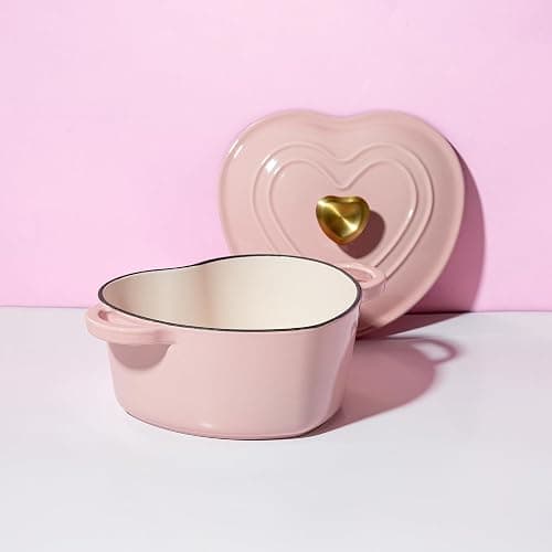 Paris Hilton Enameled Cast Iron Dutch Oven Heart-Shaped Pot with Lid, Dual Handles, Works on All Stovetops, Oven Safe to 500°F, 2-Quart, Pink thumbnail 8