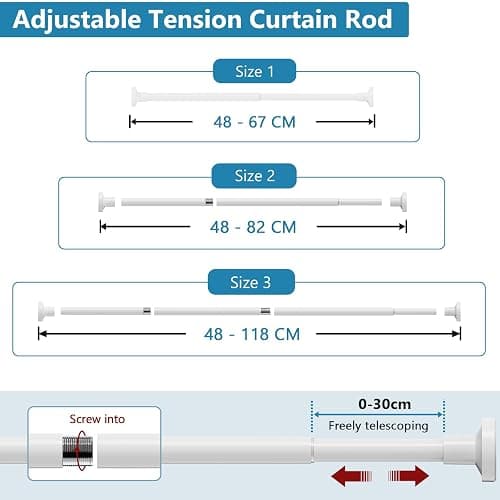 WELDUN Extendable Shower Curtain Rod, Curtain Tension Pole 48-118CM, No Drill Telescopic Curtain Pole, Adjustable Strong Shower Rail for Bathroom Bedroom Window Closet, White thumbnail 5