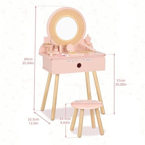 OOOK Kids Vanity Table and Chair Set, Pink Girls Vanity with 11 Pcs Accessories, Enough for Real and Pretend Makeup, Toddler Vanity for 3 Year Old and Up as Ideal Gift thumbnail 3