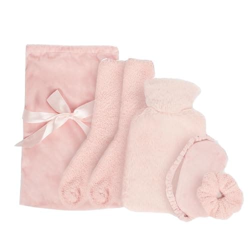 OHS Hot Water Bottle Gift Set Blush Pink, Gift Set Women Super Soft Warm Cosy Winter Christmas Gifts - 750ml Hot Water Bottle with Cover, Eye Mask, Fluffy Socks, Fluffy Scrunchie, Draw String Bag - Image 1