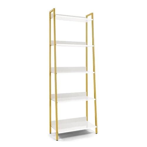 CAPHAUS 5 Tier Ladder Bookshelf, 24 Inch Width Free Standing Shelf, Bookcase Shelf Storage Rack Organizer, Industrial Book Shelves for Home Office, Living Room, Kitchen, White Shelves & Gold Frame thumbnail 8