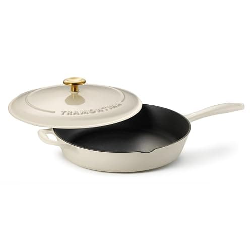 Tramontina Bestow Enameled Cast Iron Skillet with Lid, 12-inch Frying Pan, Latte with Gold Knob - Image 1