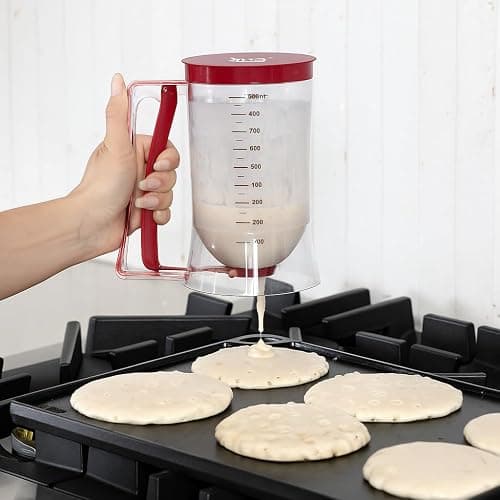 Pancake Batter Dispenser - Kitchen Must Have Tool for Perfect Pancakes, Cupcake, Waffle, Muffin Mix, Cake & Crepe - Easy Pour Baking Supplies for Griddle - Pancake Maker with Measuring Label (Red) thumbnail 2