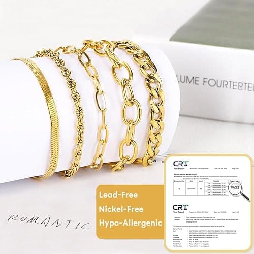 SEEDRILL Bracelets for Women Trendy Waterproof 316 Stainless Steel 18K Real Gold Plated Jewelry Sets Chunky Stackable Cuban Link Paperclip Herringbone Rope Chain Bracelet Pack Gifts Silvery/Gold-Tone thumbnail 4