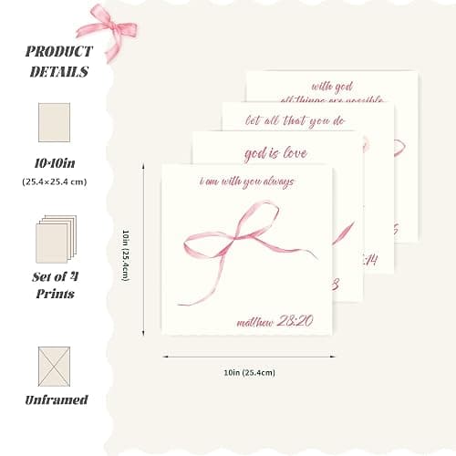 LARTSFRO Coquette Pink Bow Wall Art Decor Posters, Pink Bow Room Bedroom Bathroom Dorm Wall Art Decor Aesthetic for College Teen Girls Gifts, Inspirational Bible Verses Bow Wall Decor, 10x10 Inch Set of 4 Bow Pictures UNFRAMED thumbnail 2