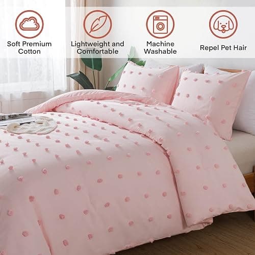 Paxrac Tufted Pink Full Comforter Set (80x90 inches), 3 Pieces- Soft Cotton Blush Lightweight Comforter with 2 Pillowcases, Chenille Dots All Season Down Alternative Comforter Set for Bedding - Pink - Full(80''x90'') thumbnail 3