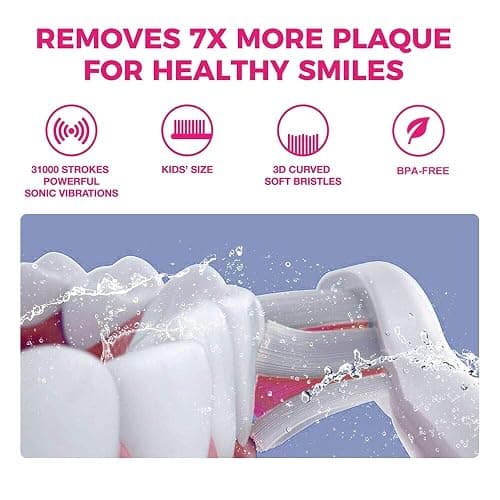 Vekkia Sonic Rechargeable Kids Electric Toothbrush(Pink) | 3 Modes with Memory/Fun & Easy Cleaning/24000 Strokes, IPX7 Waterproof, 2-Min Timer for Age 5+/4 Soft Bristles thumbnail 5