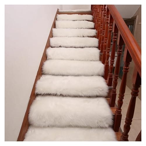 Soft Shaggy Plush Carpet Stair Treads for Wooden Steps Indoor,Non-Slip Fluffy Stair Runners Mat Staircase Rugs,Self Adhesive Stairway Grip Step Treads,Washable Stair Safety Mats Covers,Easy to Install - Image 1