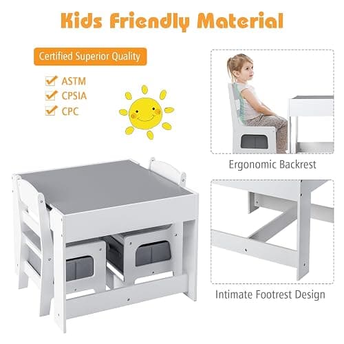Costzon Kids Table and Chair Set, 3 in 1 Wooden Activity Table with Storage Drawer, Detachable Tabletop for Children Drawing Reading Art Craft, Playroom, Nursery, Toddler Table and Chair Set, Gray thumbnail 5