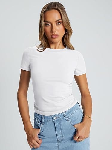 Trendy Queen Womens Basic T Shirts Summer Tops 2025 Crop Short Sleeve Slim Fit Tee Cute Gym Workout Clothes - Medium - White thumbnail 2