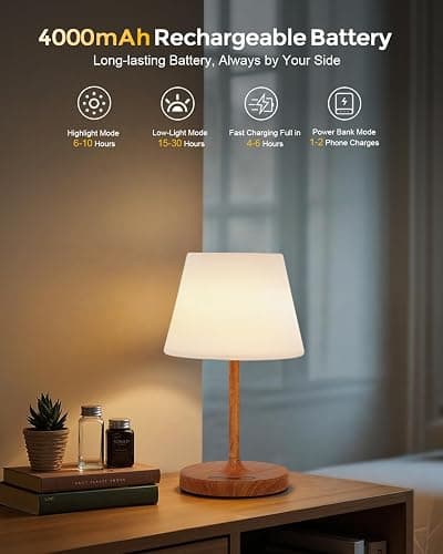Outdoor Battery Operated Table Lamp, IP54 Waterproof Shower Lamp, 4000mAh Rechargeable Cordless Lamp, 3 Color Temperatures Dimmable, Small Touch Table Lamp for Bedroom, Patio, Camping, Restaurant thumbnail 2