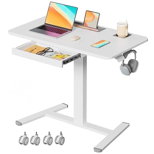 JYLH JOYSEEKER Mobile Standing Desk with Drawer, 35" Small Standing Desk with Cup Holder, Rolling Laptop Desk on Wheels, Height Adjustable Desk with Storage for Home Office, White - Image 1