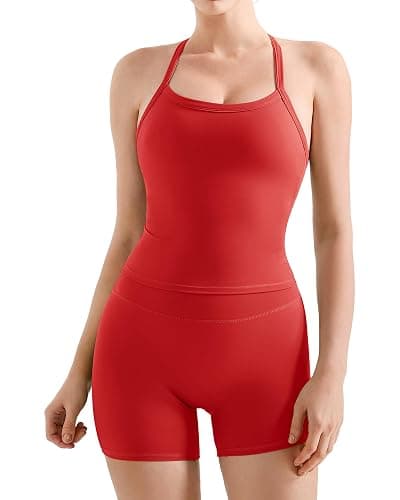 SUUKSESS Women 2 Piece Workout Sets High Waisted Tummy Control Biker Shorts Halter Padded Tank Tops - Image 1
