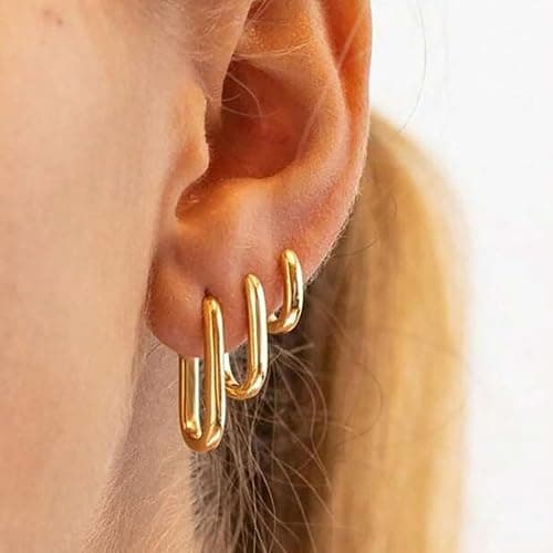 3 Pairs Chunky Gold Hoop Earrings Set for Women Dainty Rectangle Hoop Earrings Lightweight Small Huggie Hoop Earrings Hypoallergenic Minimalist Stud Earrings Trendy Jewelry thumbnail 2