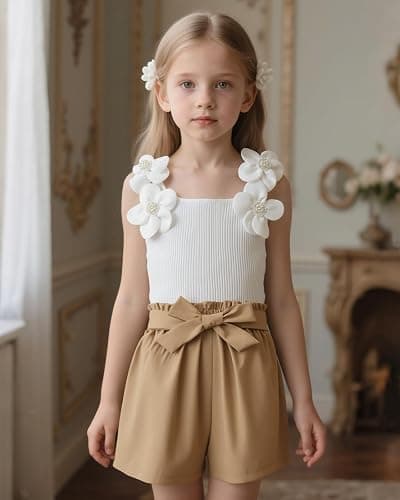 Momkonzz Girls Summer Clothes Set for Kids Flower Sleeveless Tank Top + Shorts + Belt Tween Outfits Size 7-12T thumbnail 2