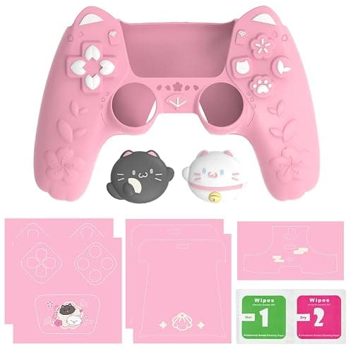 PlayVital for PS5 Controller Cover Skin - Cherry Blossoms Kitten Anti-slip Grip Skin with Thumb Grip & Sticker - Soft Rubber Protector for PS5 Controller Accessories - Pink thumbnail 9