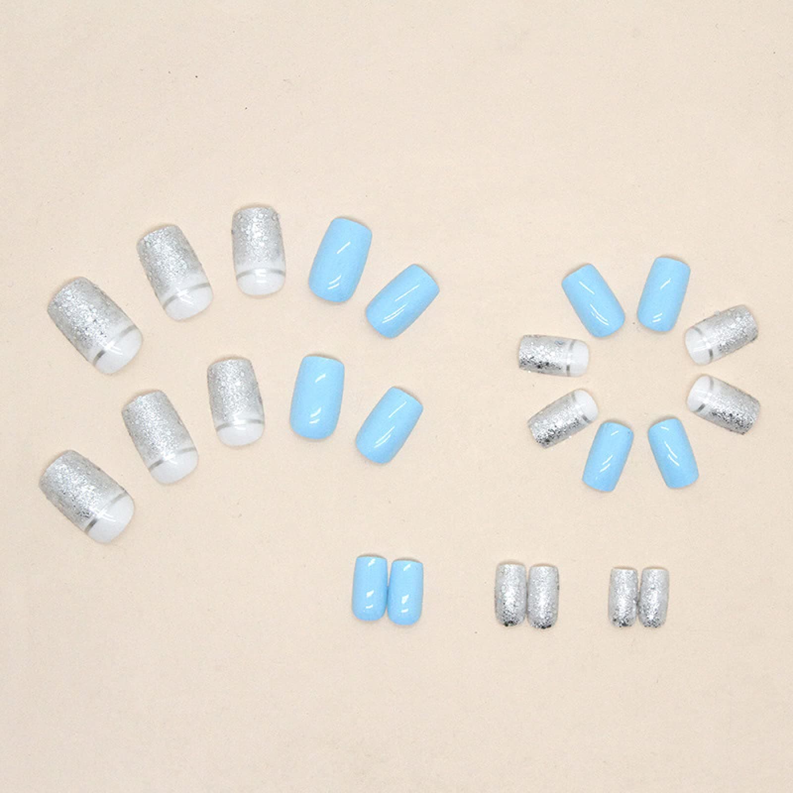 TMUT 24pcs Square False Nails Short Stick on Nails Blue White Press on Nail with Silver Sequins Removable Glue-on Acrylic Full Cover Fake Nail Art Accessories for Women Girls thumbnail 4