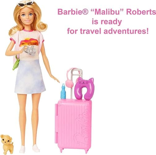 Barbie Doll & Accessories, Travel Set with Puppy and 10+ Pieces, Suitcase Opens & Closes, Barbie 'Malibu' with Blonde Hair thumbnail 6