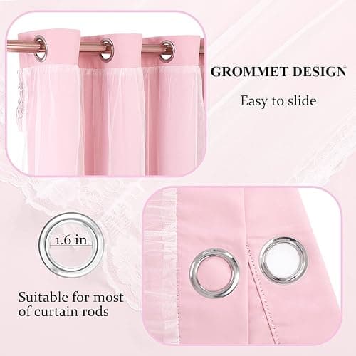 SOFJAGETQ Pink Curtains 84 inch Length - Double Layers Blackout and Sheer with Lace Hem Window Curtains & Draperies Panels for Kids/ Girls Bedroom Living Room Nursery, 2 PCs - 52 x 84 White thumbnail 4
