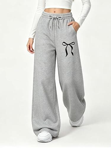 Teen Girl Cute Bowknot Baggy Sweatpants Kids Straight Leg Joggers Size 9-16 | Cotton blend fabric, Elastic drawstring waist, Fleece lining, Side pockets, Cute bow print, Suit for casual, athletic, school thumbnail 2