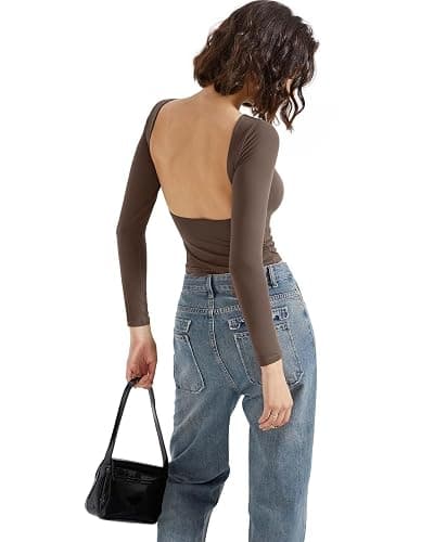 SUUKSESS Women Backless Going Out Tops Double Lined Open Back Basic Long Sleeve thumbnail 7
