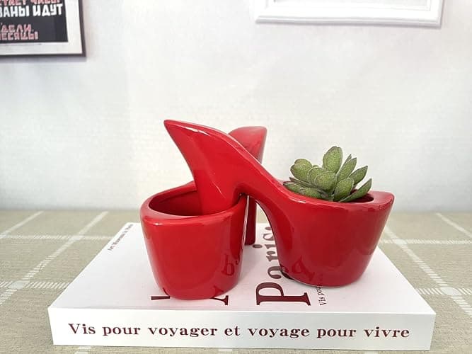 Beitewei 2PCS Succulent Planter Small Pot High Heel Shaped Ceramic Flower Pot Indoor Plant Pots Cute Planter Valentines Day Decor (Red) - Red thumbnail 7