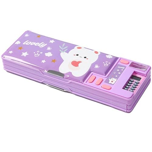 LilyBeauty Multifunction Pencil Case with Calculator, Pencil Sharpener and Curriculum, Multiple Cute Patterns, Suitable for Elementary School Girls, Boys, Great Gifts for Kids (Purple) - Image 1