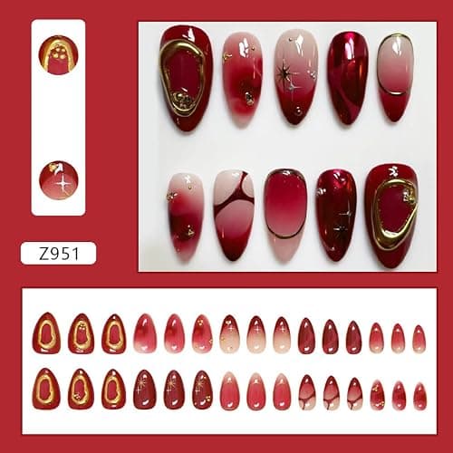 30Pcs Ombre Red Press on Nails Medium Almond Fake Nails 3D Star Rhinestones Glitter Handmade Design Y2K Gold Star Bead Full Cover Stick on Nails Chrome False Nails for Women Acrylic Nail Decorations thumbnail 2