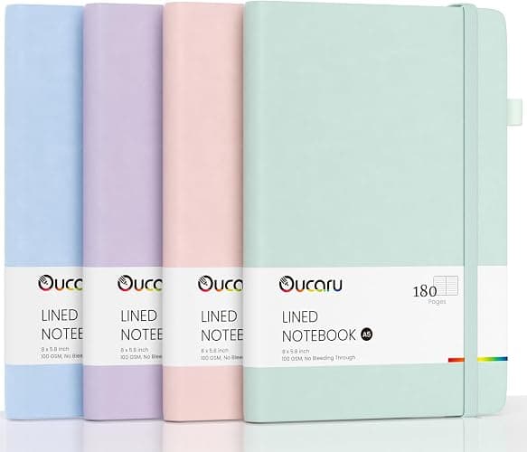 Oucaru 4 Pack A5 Lined Journal Notebook, 180 Pages 100 GSM Paper for Travel | 100 GSM Thick Paper No Bleed, 180 Lined Pages, 180° Lay Flat, Pen Holder, Back Pocket, 4 Pack Journal Set for Writing - Image 1