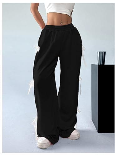 Verdusa Women's Baggy Sweatpants Elastic Waist Casual Bow Wide Leg Pants with Pocket Y2K Going Out Travel Pants thumbnail 6