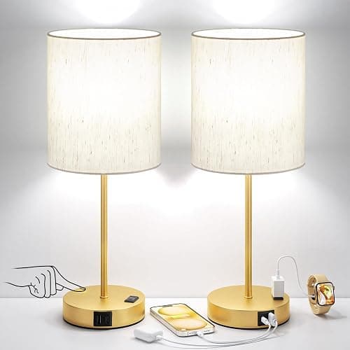 Gold Touch Lamps for Nightstand Set of 2 - Bedside Table Lamp for Bedroom with Dual USB Ports & AC Outlet, 3-Way Dimmable Lamps for Living Room Boys Room, Night Light with 5000K Daylight Bulbs - Image 1