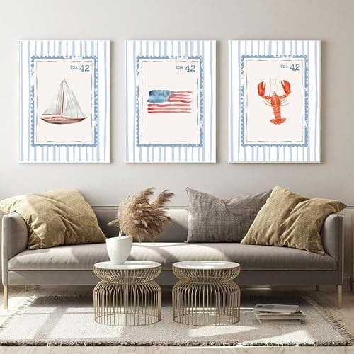 Blue Beach Stamp Set of 3 Canvas Poster Coastal Granddaughter Room Wall Art Decor Fisherman Preppy Aesthetic Prints Artwork for Girly Dorm Apartment Ocean Home Decoration 12x18inch Framed thumbnail 6