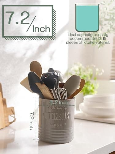 DOWAN 7.2″ Extra Large Kitchen Utensil Holder - Farmhouse Utensil Holder for Countertop - Ceramic Utensil Crock with Protection Cork Mat - Kitchen Decor & Housewarming Gift (Grey) thumbnail 5