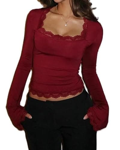Women's Lace Trim Square Neck T Shirt Y2K Long Bell Sleeve Slim Fit Basic Crop Tops Blouse Fairy Aesthetic Tee Shirts Streetwear - Image 1