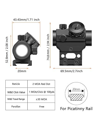 MidTen 2MOA Red Dot Sight 1x25mm Reflex Sight Waterproof & Shockproof & Fog-Proof Red Dot Scope with 1 inch Riser Mount thumbnail 5
