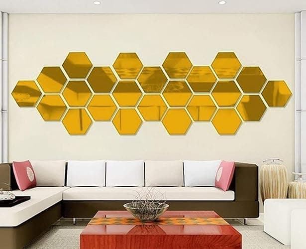 MCLEULLA Mirror Wall Stickers - 12PCS Hexagon Art DIY Decorative Acrylic Sheet Plastic Tiles Home Living Room Bedroom Sofa TV Background Decal Decoration - Gold thumbnail 5