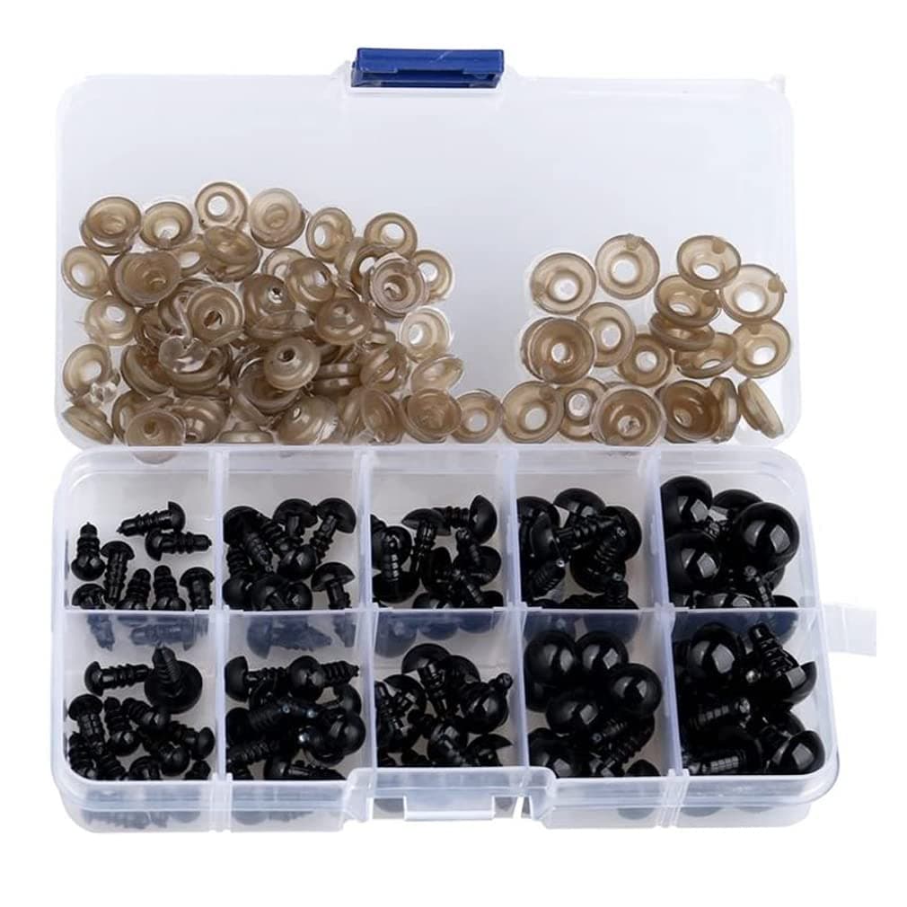 Haobase 100pcs 6-12mm Plastic Safety Eyes Black Solid Eyes with Washers for Teddy, Bear, Doll, Puppet and Crafts - Image 1